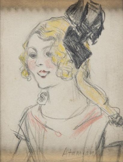null ATAMIAN CHARLES (1871-1947) Coquette au ruban noir 

Crayon noir et couleurs...