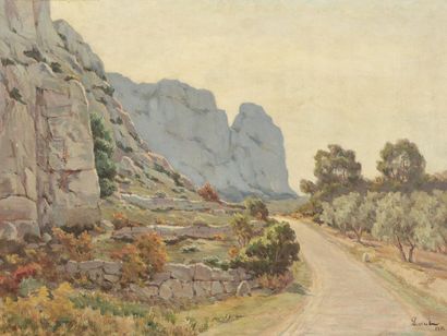 PERRET Paysage, la route.Huile sur bois.Signée et datée 1931 en bas à droite.55 x...