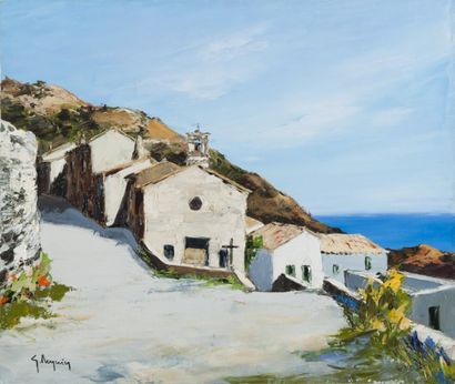 Gérard REYNIER (1940) Village en bord de côte.Huile sur toile.Signée en bas à gauche.54,5...