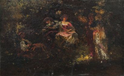 Adolphe MONTICELLI (1824-1886) Galantes dans le parc.Huile sur panneau.16,5 x 25,5...