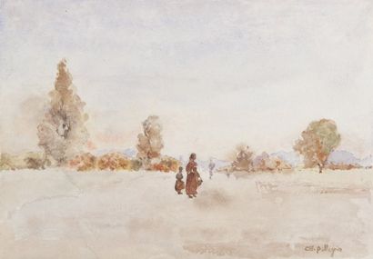 Charles PELLEGRIN (XIX-XX) Sur le chemin.Aquarelle.Signée en bas à droite.17,5 x...