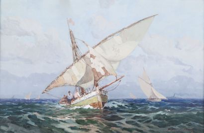 Sauveur BERNAY-THERIC (1874-1963) Pointus en mer.Aquarelle.Signée en bas à droite.41,5...