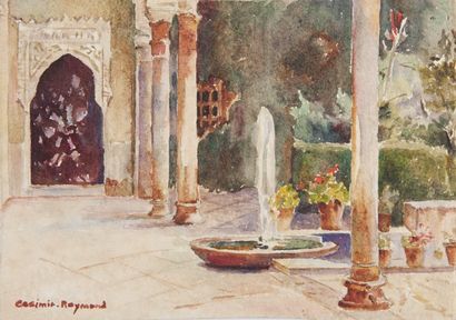 Casimir RAYMOND (1870-1955) Patio à la fontaine.Aquarelle.Signée en bas à gauche.15...