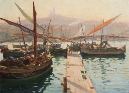 Edouard CREMIEUX (1856-1944) Ponton sur le port de Marseille.Huile sur toile.Signée...