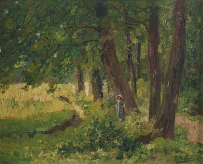 François MAURY (1861-1933) Jeune fille dans un sous bois.Huile sur toile.Signée en...