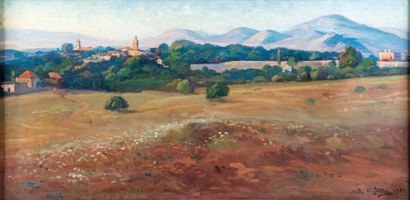 Roméo Charles AGLIETTI (1878-1956) Village dans la vallée en Kabylie. Huile sur panneau....