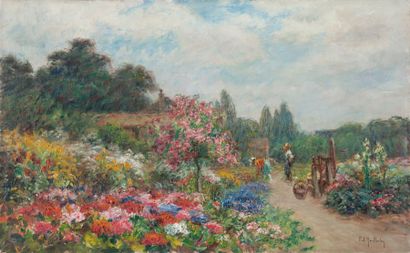 François Richard de MONTHOLON (1856-1940) Le jardin fleuri. Huile sur toile. Signée...