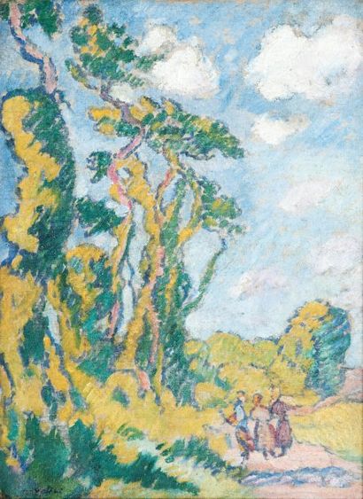 Louis VALTAT (1869-1952) Trois personnages sur le chemin. Circa 1913. Huile sur toile....