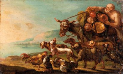 Ecole italienne de la fin du XVIIème siècle Noé et ses animaux. Toile. 39 x 63 c...