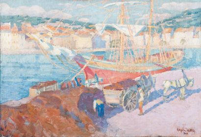 Gill-Julien MATTHEY (1889-1956) Voiliers dans un port méditerranéen. Huile sur toile....