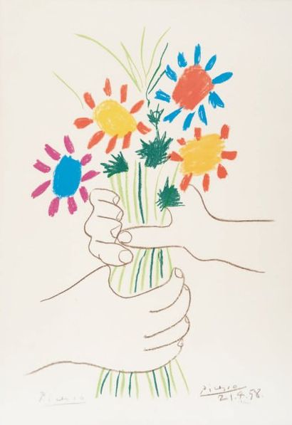 Pablo PICASSO (1881-1973) Fleurs et mains. Lithographie en couleur. Signée dans la...