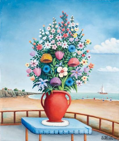 Emile BLONDEL (1893-1970) Vase de fleurs sur la page. Huile sur toile. Signée en...