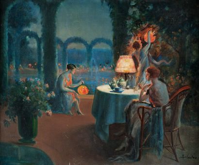 René BALADES (1920) Ladies prenant le thé sur la terrasse. Huile sur toile. Signée...