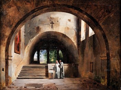 François-Marius GRANET (1775-1849) Deux moines dans un cloître au jardin. Huile sur...