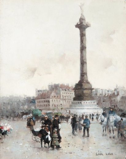 Luigi LOIR (1845-1916) Place de la Bastille. Huile sur panneau. Signée en bas à droite....
