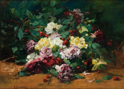 Georges JEANNIN (1841-1925) Brassée de fleurs et cerises. Huile sur toile. Signée...