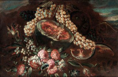 Ecole italienne du XVIIème siècle Nature morte aux fleurs et fruits. Toile. 54 x...