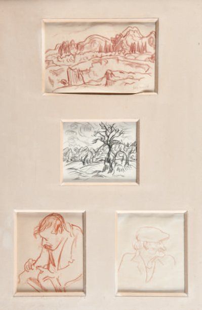 René SEYSSAUD (1867-1952) Encadrement comprenant quatre dessins à la sanguine et...