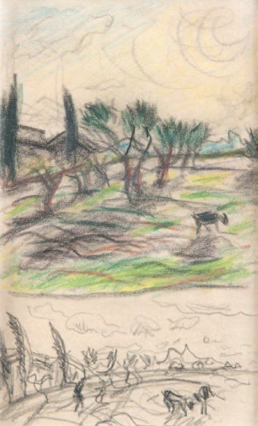 René SEYSSAUD (1867-1952) Etude pour un paysage. Dessin aux crayons de couleurs....