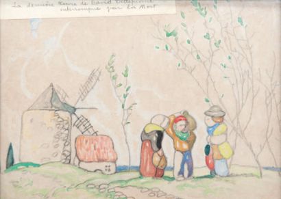 David DELLEPIANE (1866-1932) Les santons devant le Moulin. Dessin au crayon et aquarelle....