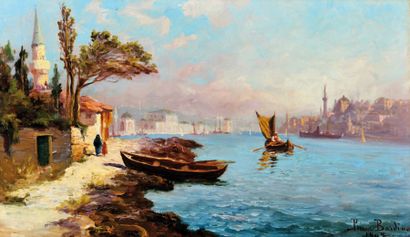 François Léon PRIEUR-BARDIN (1870-1939) Barques sur le Bosphore, Istambul. Huile...