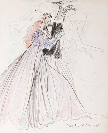 YVES SAINT LAURENT (1936-2008) Couple, projet de costumes. Dessin aux crayons de...