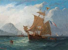 Joseph SUCHET (1824-1896) Navire en mer. Huile sur panneau. Signée en bas à gauche....