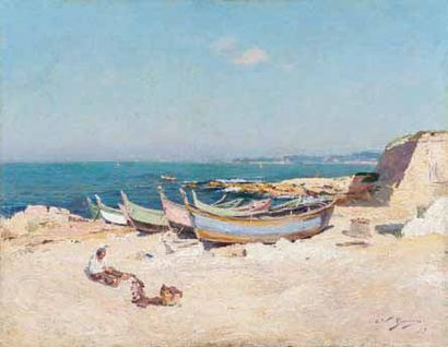 Adolphe Louis GAUSSEN (1871-1954) Pointus sur la plage. Huile sur toile. Signée et...