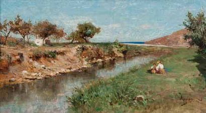 Adolphe APPIAN (1818-1898) Pique-nique en bord de rivière. Huile sur toile. Sugnée...