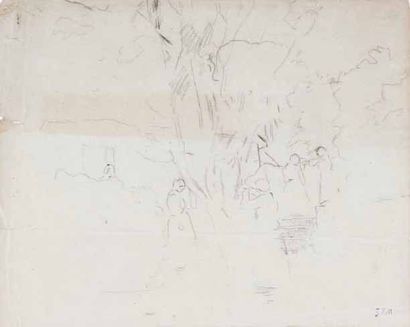 Jean-François MILLET (1814-1875) Paysage animé. Dessin au crayon. Monogrammé en bas...