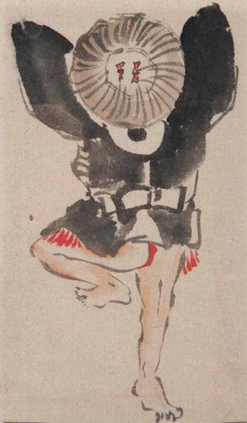 Katsushika HOKUSAI (1760-1849) La danse du moineau. Lavis. 17,3 x 10,3 cm. Un certificat...