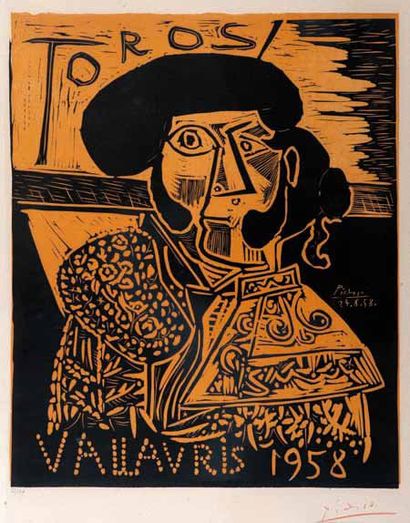 Pablo PICASSO (1881-1973) Toros Vallauris-1958-(B. 1282). Linogravure en couleur....