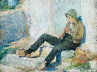 Georges POMERAT (XIX-XX) Berger jouant du fifre. Huile sur toile. Signée en bas à...