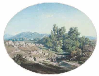 Vincent COURDOUAN (1810-1893) Lavandières en Provence. Pastel ovale. Signé en bas...