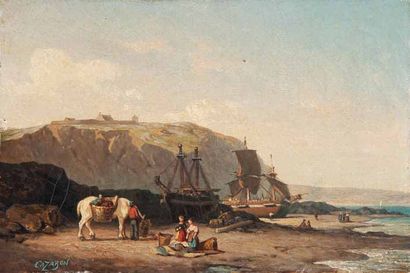 Michel Jean CAZABON (1813-1888) Promeneurs sur la plage. Huile sur toile. Signée...
