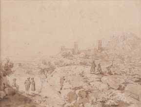 Pierre LETUAIRE (1798-1884) Scène animée aux environs de Hyères. Dessin. Signé en...