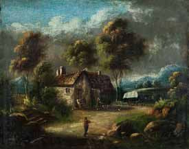 Ecole du XVIIème siècle. D'après Moreau. La ferme. Huile sur toile. 33 x 41 cm.