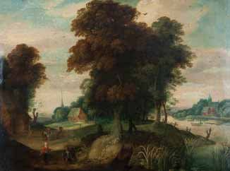 Ecole flamande vers 1660 Bergers et promeneurs dans un paysage. Cuivre. 40 x 52,5...