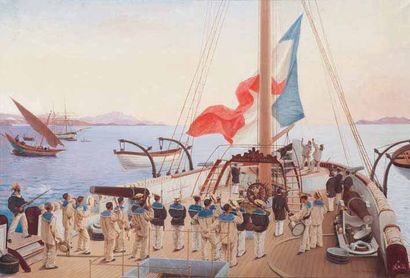 Paul POMPON (1874-1931) Honneur et patrie en mer de Chine. Huile sur toile. Signée...