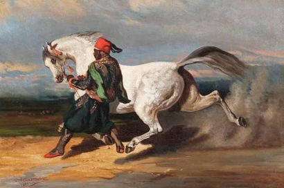 Charles HERMANN-LEON (1838-1907) Maure dressant un cheval. Huile sur toile. Signée...