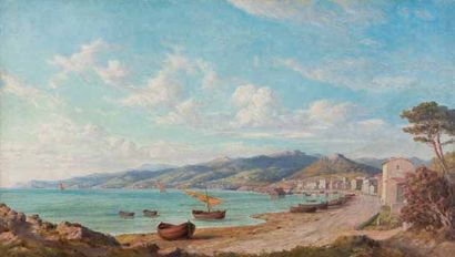 Emmanuel de COULANGE-LAUTREC (1824-1898) Village en bord de côte. Huile sur toile....