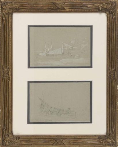 Vincent COURDOUAN (1810-1893) Barques, vue animée, 1894 

Crayons et craie blanche...