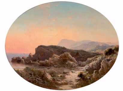 Vincent COURDOUAN (1810-1893) Pêcheurs sur les rochers. 1864. 

Huile sur panneau.?Signé...