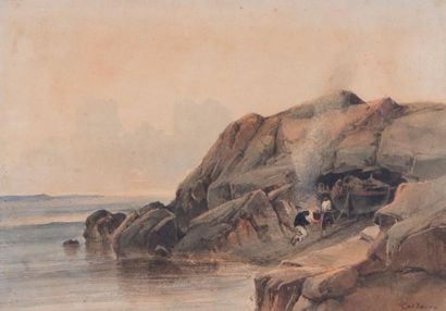 Vincent COURDOUAN (1810-1893) Pêcheurs en bord de côte. 

Aquarelle?Signée en bas...