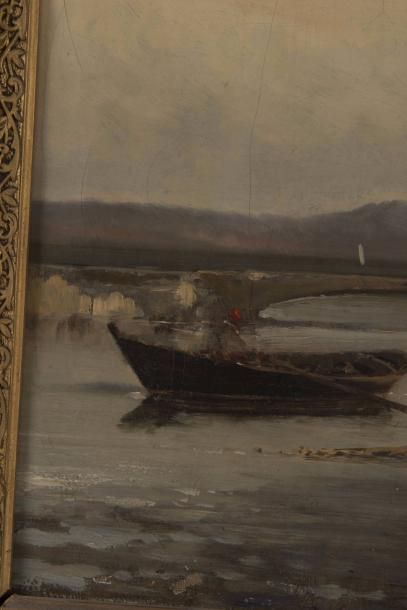 André MAGLIONE (1838-1923) Bateaux à quai 

Huile sur toile?Signée en bas à droite...