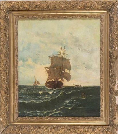 Joseph SUCHET (1824-1896) Navire en mer
Huile sur toile?Signée en bas à droite 55...
