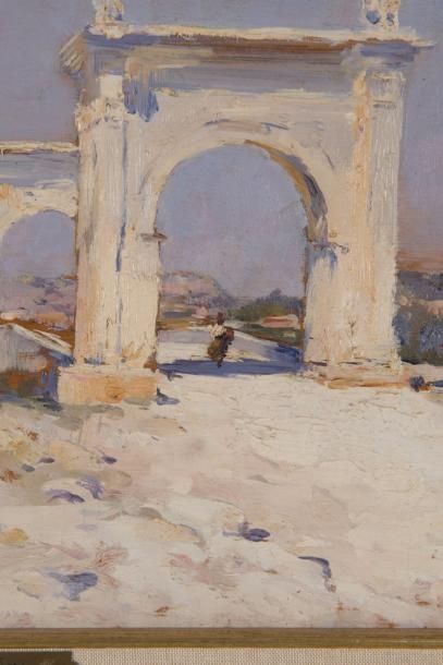 Raymond ALLEGRE (1857-1933) Le pont Flavien St Chamas 

Huile sur panneau Signée...