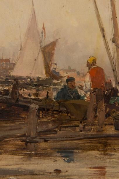 Paul BISTAGNE (1850-1886) Pêcheurs au port 

Huile sur toile?Signée en bas à droite...