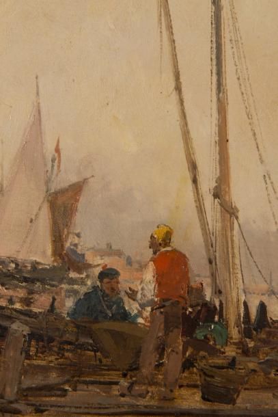 Paul BISTAGNE (1850-1886) Pêcheurs au port 

Huile sur toile?Signée en bas à droite...