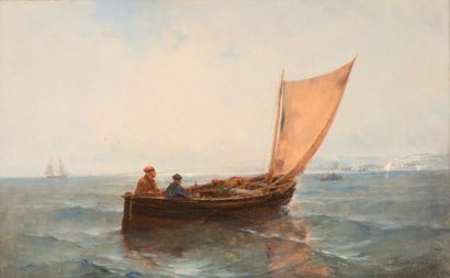 Paul BISTAGNE (1850-1886) Pêcheurs en mer 

Huile sur toile Signée en bas droite...
